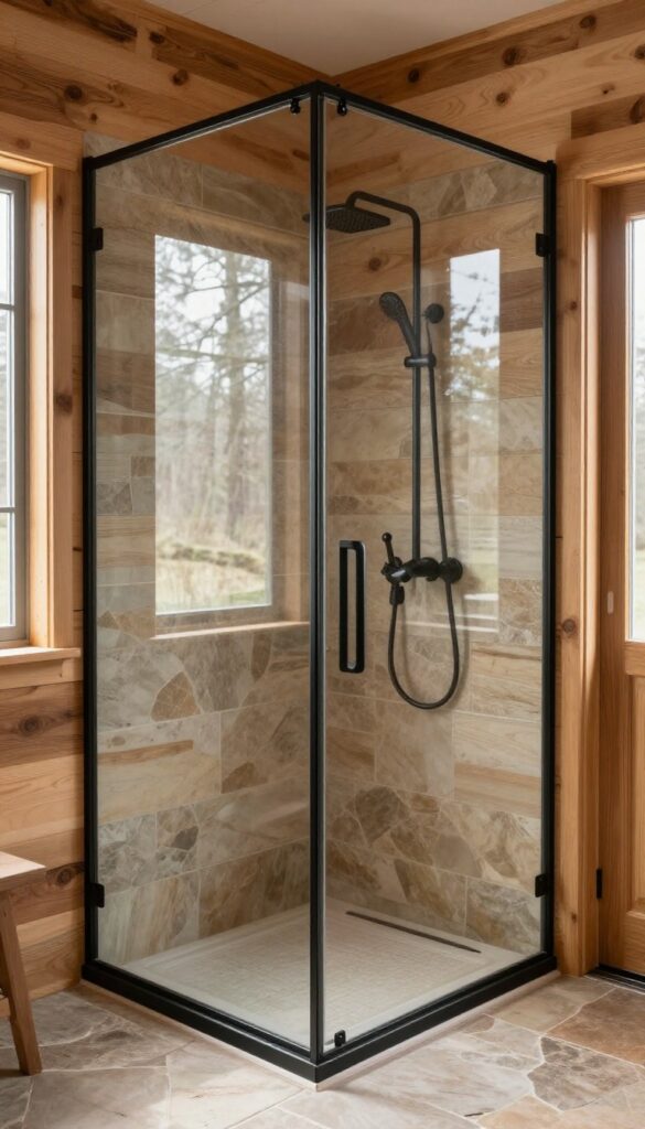 Rustic cabin shower with a black metal grid frame glass enclosure against warm wood walls and stone tile in bright natural light
