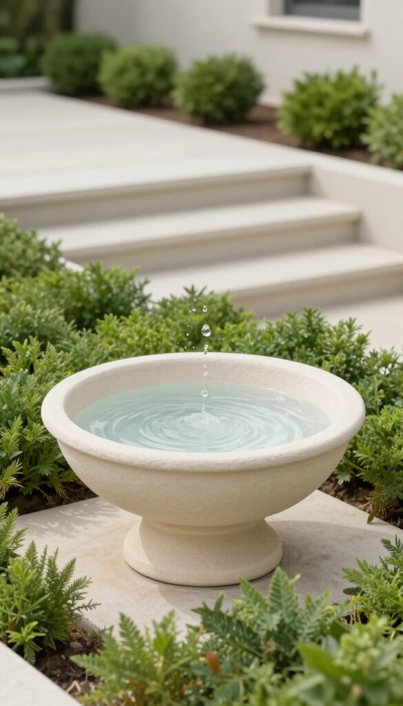 Compact bowl water fountain on a pedestal beside front steps, surrounded by low tidy greenery in a small front yard