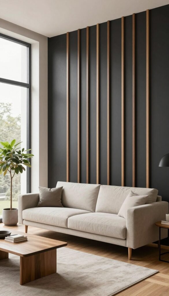 Small modern living room with a floor-to-ceiling vertical walnut wood slat accent wall behind a low-profile sofa, lit by bright natural window light.