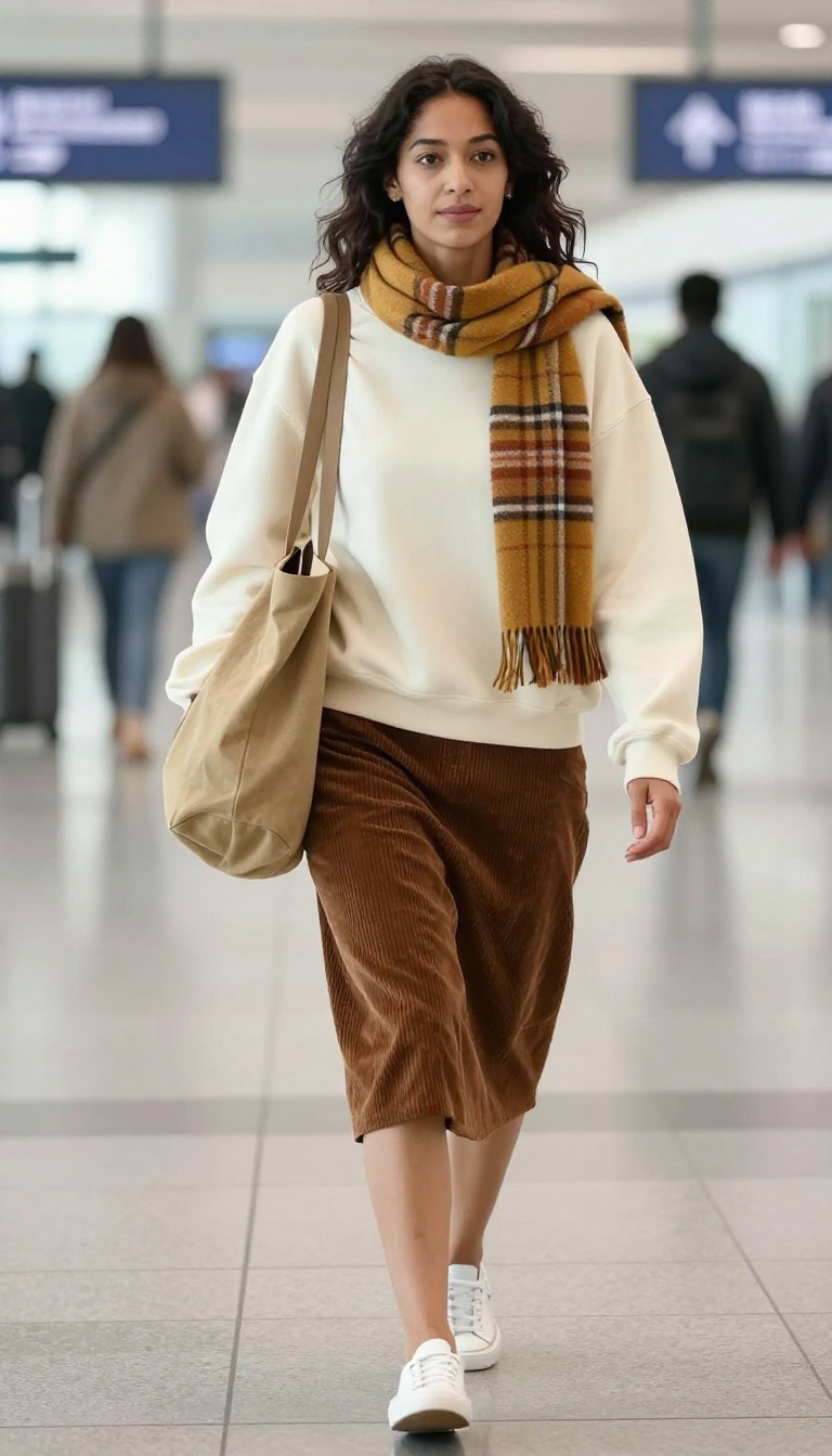 10. Graphic Sweatshirt and Corduroy Skirt for a Comfy Travel Day
