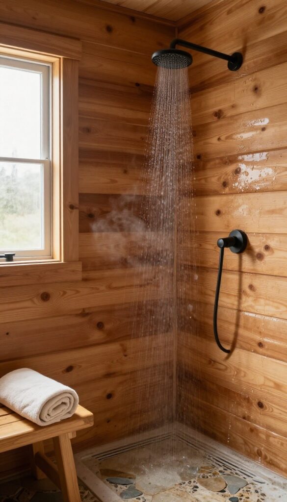 Rustic cabin shower with warm sealed wood panel walls, a rain showerhead, a cedar bench with a rolled towel, and bright natural light in a cozy retreat-like bathroom