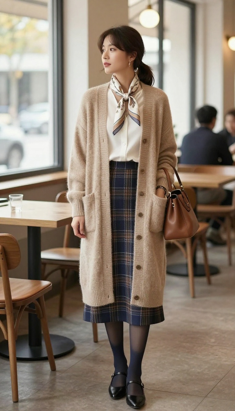 10. Cashmere Cardigan + Silk Scarf + A-Line Skirt
