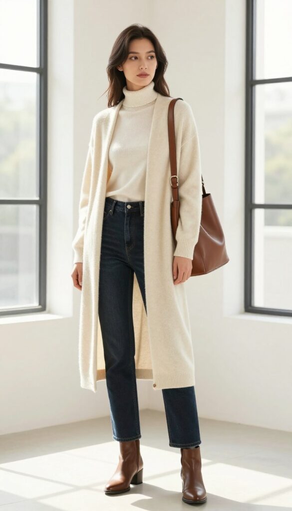 Woman in cream turtleneck, straight-leg jeans, and longline cardigan with leather boots and structured bag in a bright minimalist room.