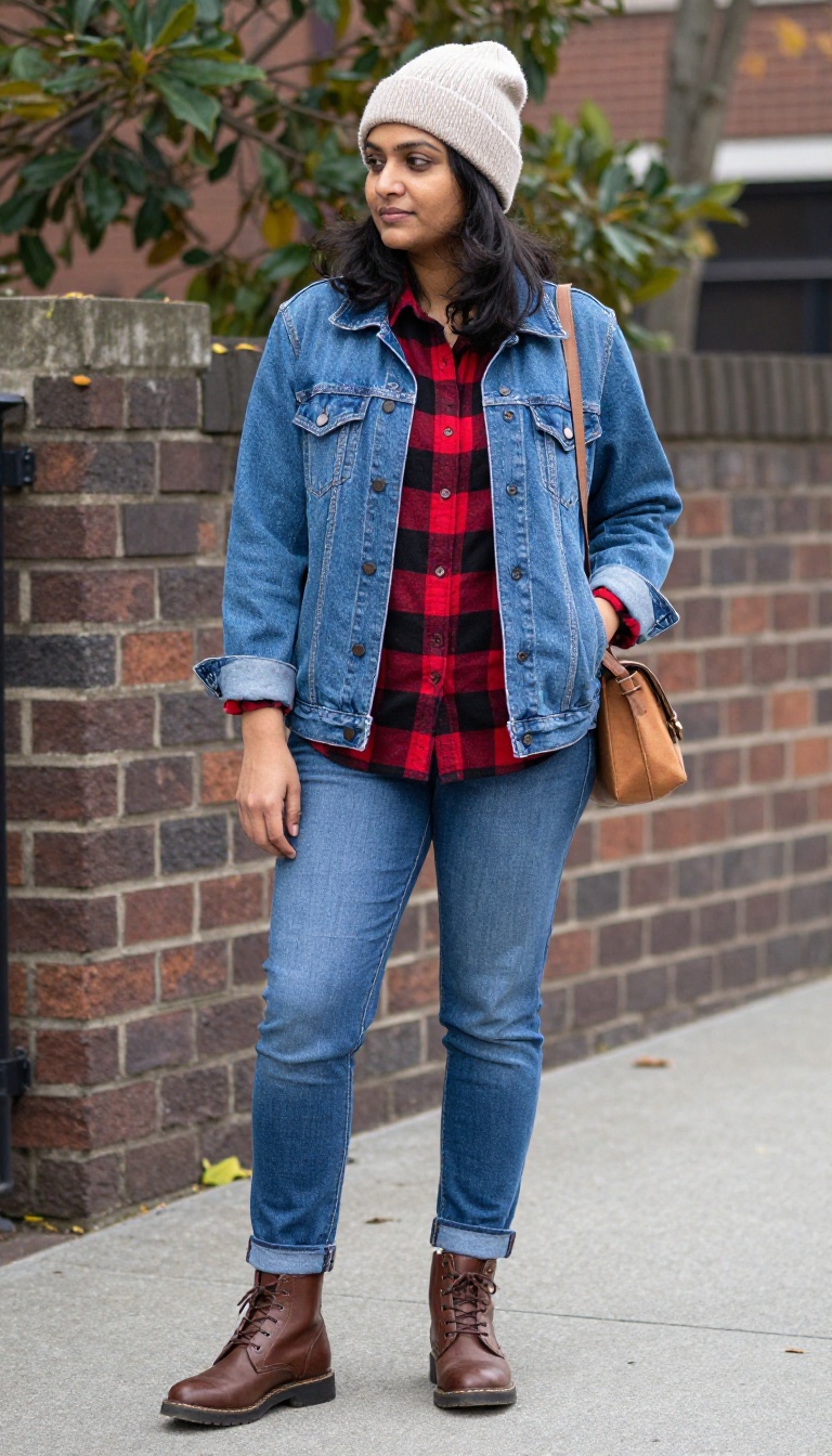 5. Flannel Shirt Layered Under a Denim Jacket with Boyfriend Jeans