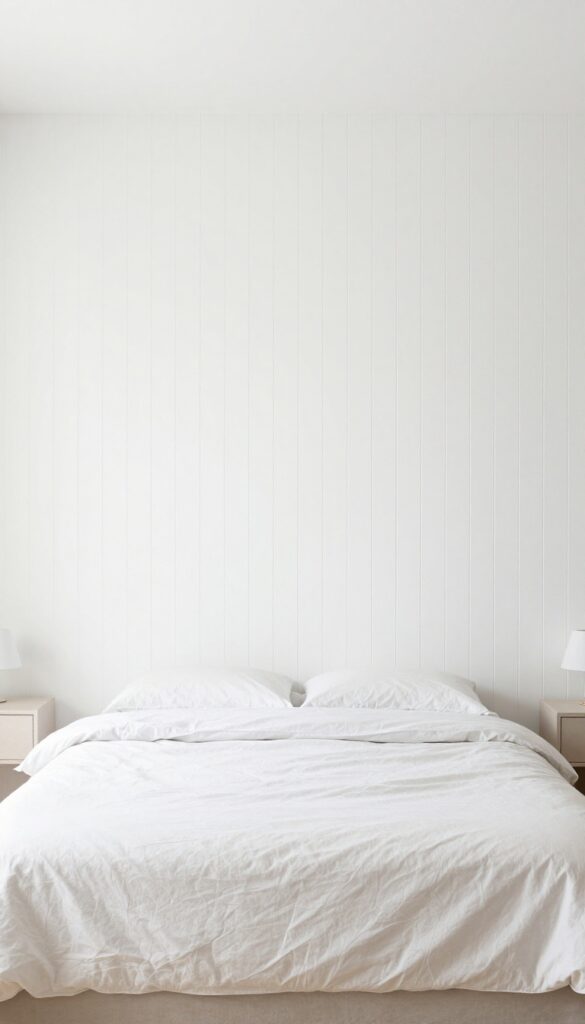 Bright windowless bedroom with a floor-to-ceiling white vertical wood slat accent wall behind a neatly made bed, soft neutral bedding, and light modern decor that makes the small space feel taller and airier.