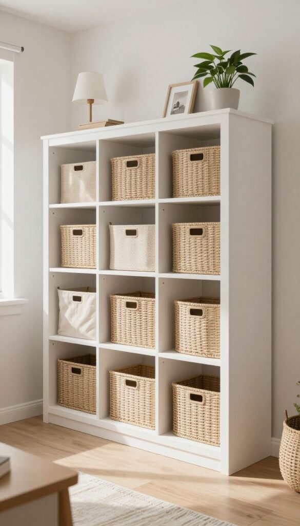 Bright living room alcove with a low built-in cubby cabinet holding matching woven baskets and neutral bins, styled with a lamp, plant, and framed photo on top.