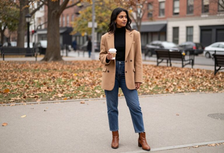 Woman wearing an 80s-inspired fall outfit with oversized blazer and mom jeans in an autumn park