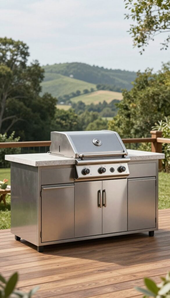 Elevated deck with a compact outdoor kitchen station including a built-in grill, stone prep counter, and matte outdoor cabinets overlooking a scenic view.