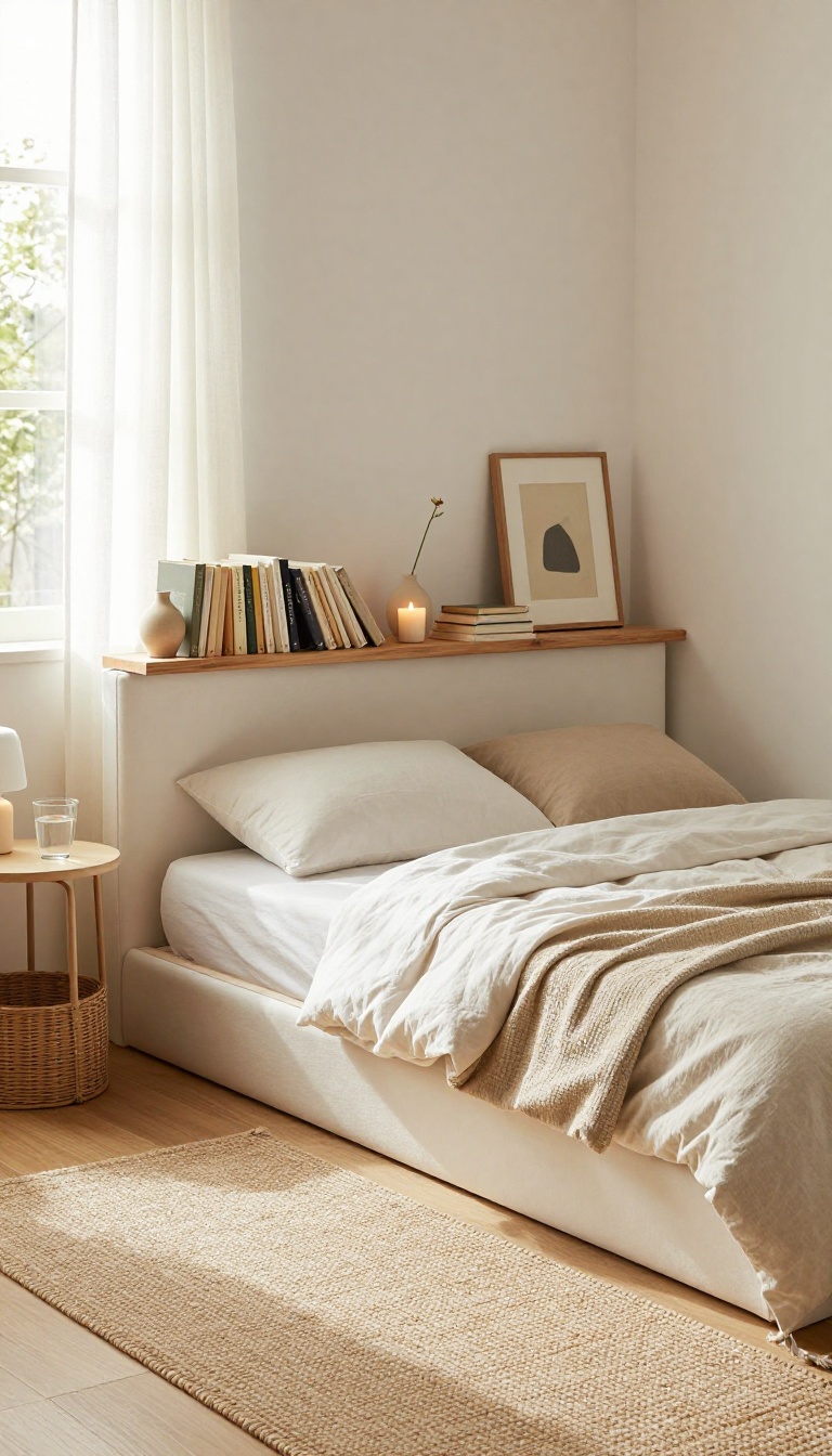 Small bedroom with a narrow floating shelf mounted above the bed, styled with stacked books, a bud vase, a candle, and a leaning framed print in a bright neutral Pottery Barn-inspired space
