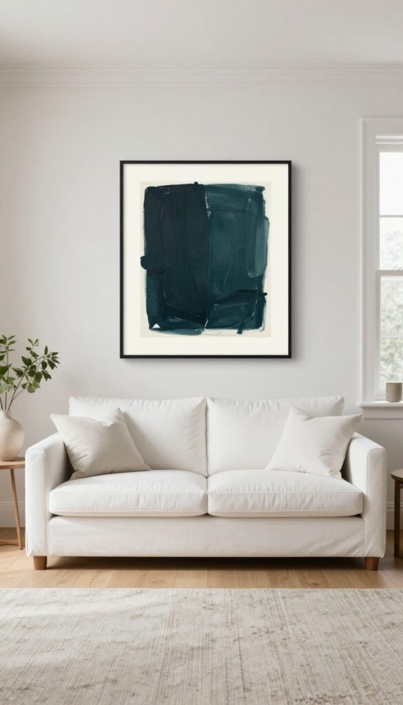 Bright living room with a white sofa and a large dark abstract wall art piece hung at eye level above it, creating contrast and visual balance.