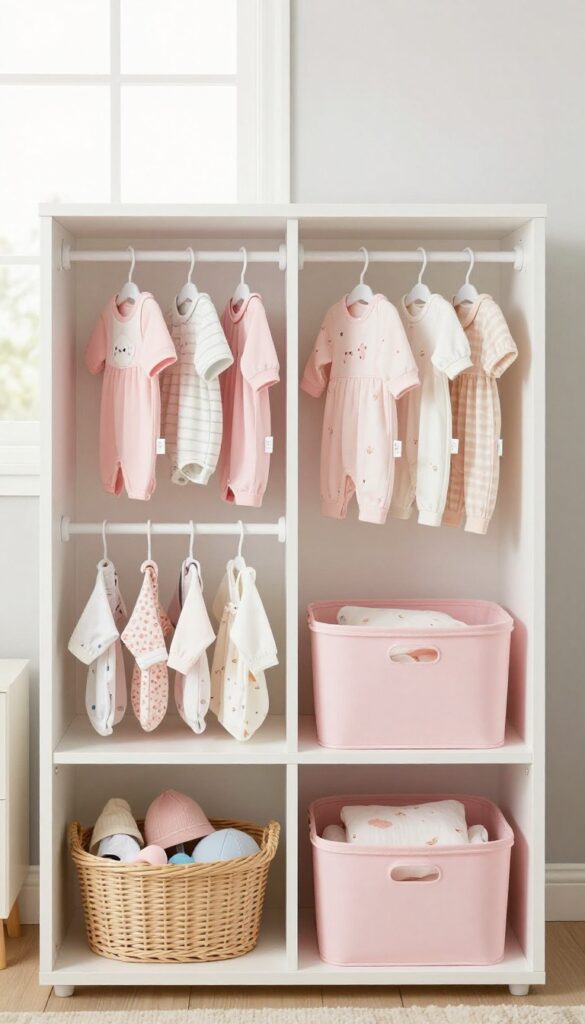 Bright organized baby girl nursery closet with built-in double hanging rods, matching pink storage bins, and neatly folded tiny clothes on divided shelves