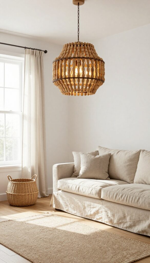 Rustic wood bead chandelier hanging in a bright cozy living room with a beige sofa, white walls, jute rug, and natural daylight, creating a warm farmhouse boho look.
