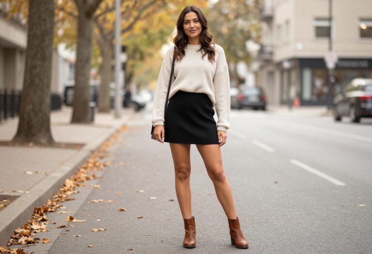 Woman wearing a black snoga skirt with a cream sweater and ankle boots, standing on a city street in autumn.