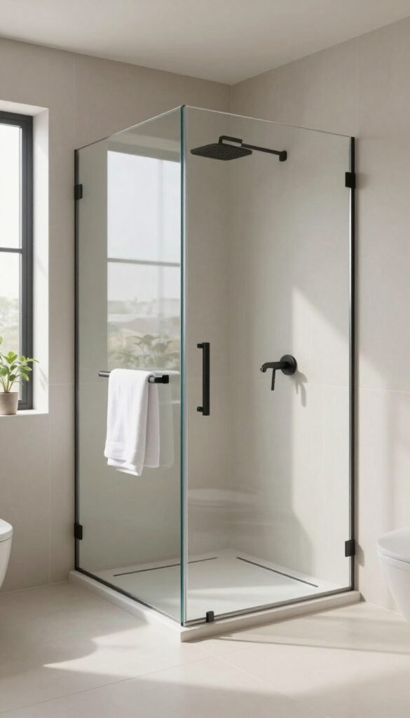 Bright modern bathroom with a frameless clear glass walk-in shower, seamless large-format neutral floor tiles, linear drain, and slim black hardware, creating an open and spacious look