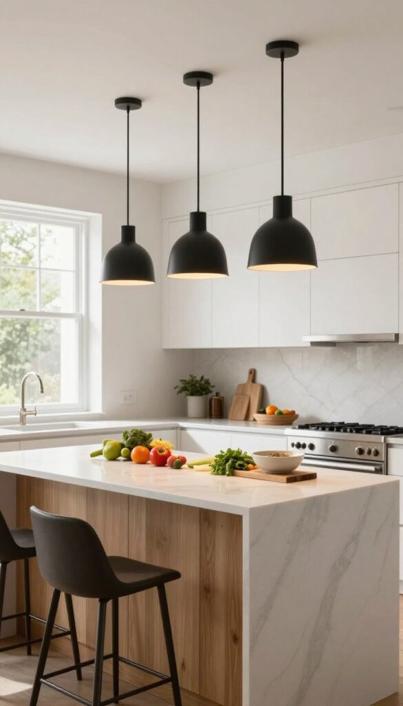 Bright modern kitchen island with three black dome pendant lights hanging directly above, warm task lighting over a marble countertop with fresh vegetables and a cutting board.