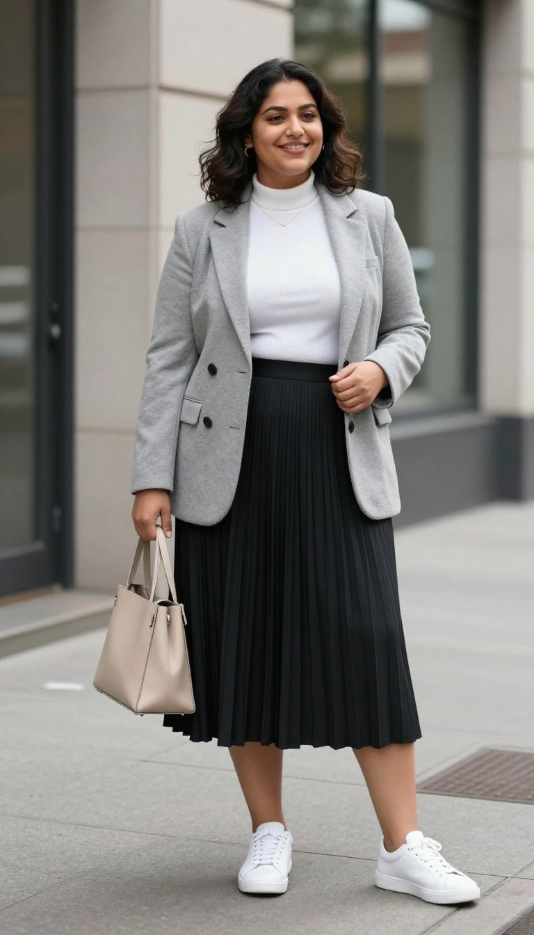 2. Black Pleated Skirt with a Grey Blazer and White Sneakers