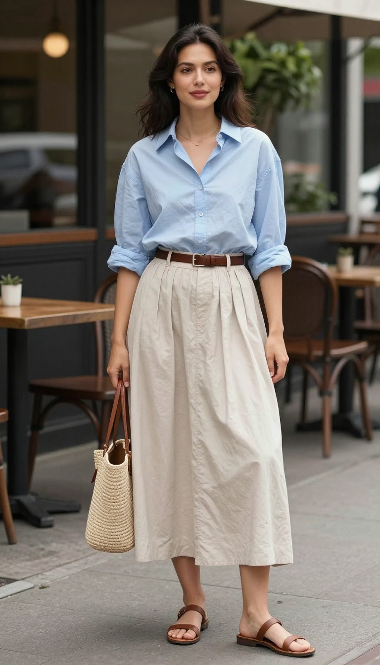 5. Cotton Maxi Skirt with a Button-Down and Belt