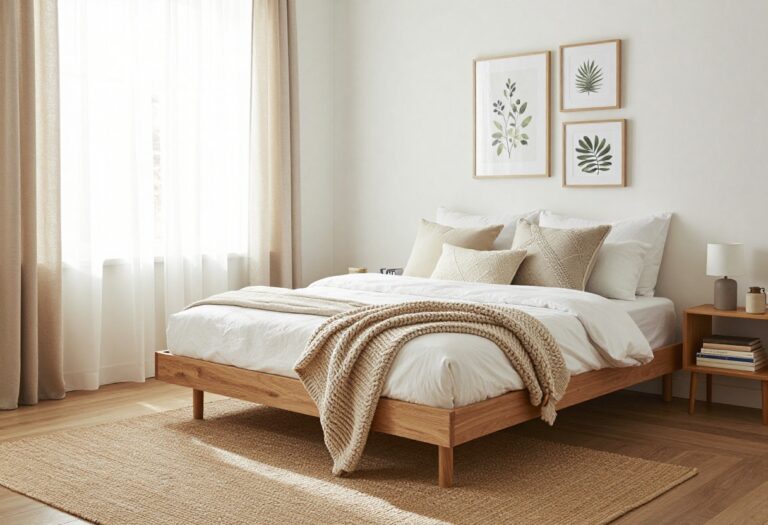 Cozy neutral bedroom with Pottery Barn style on a budget, featuring layered bedding, thrifted nightstand, and DIY decor.