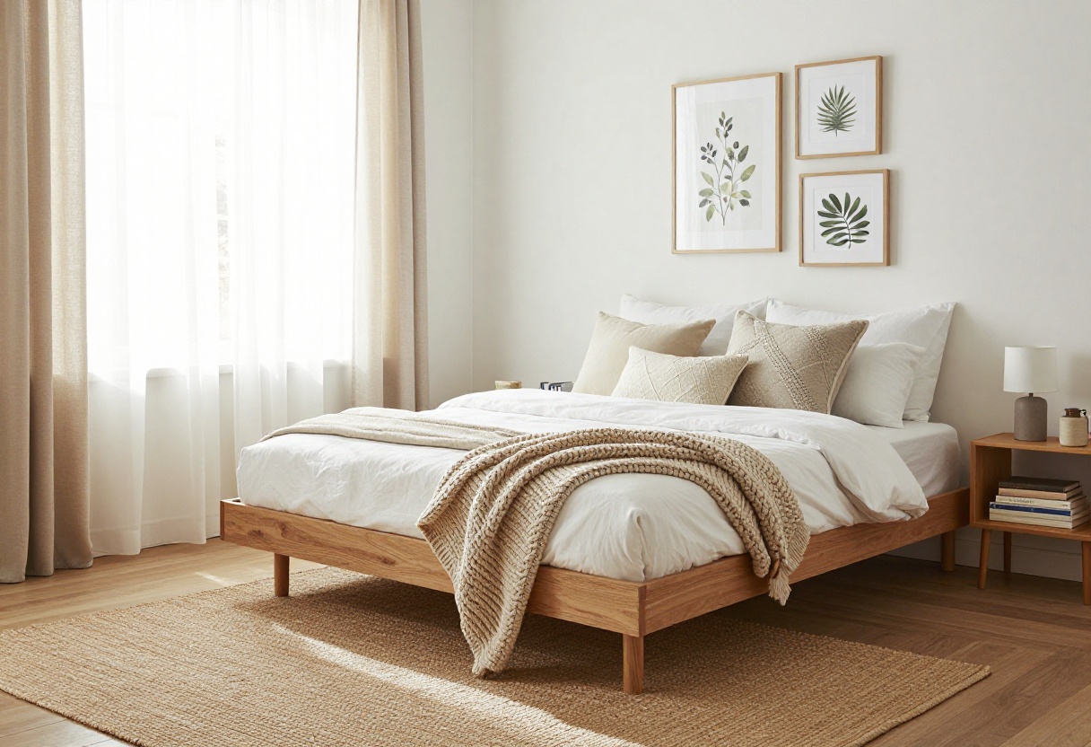Cozy neutral bedroom with Pottery Barn style on a budget, featuring layered bedding, thrifted nightstand, and DIY decor.