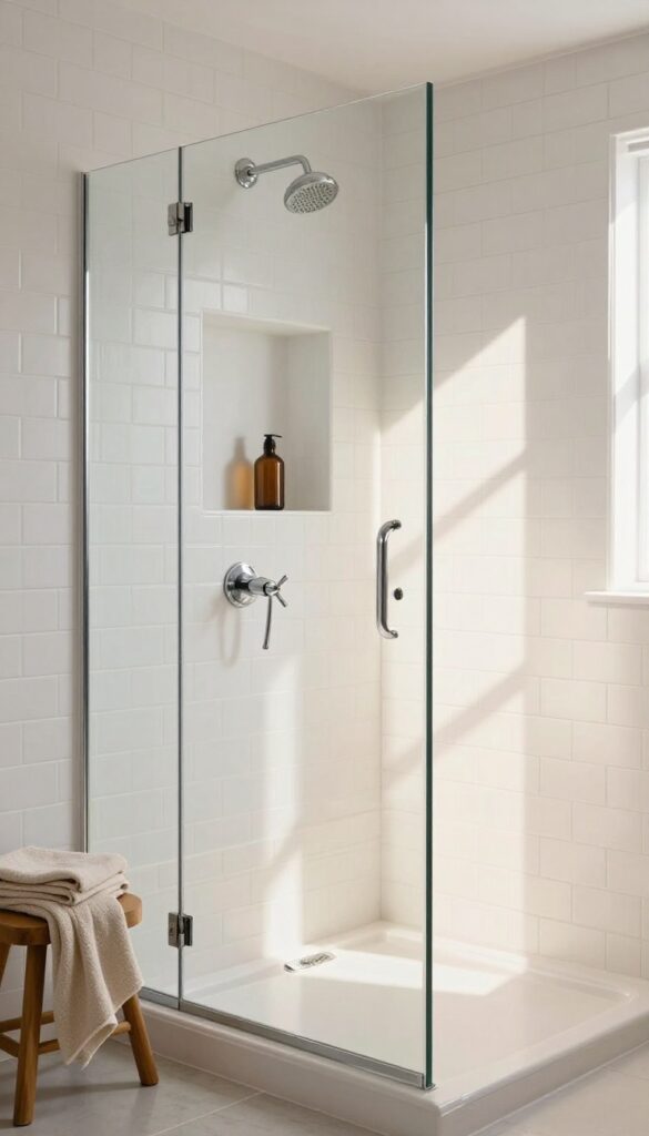 Bright bathroom shower with white subway tile-effect wall panels, chrome fixtures, glass door, and a recessed niche shelf in matching finish, styled with soft towels and natural light