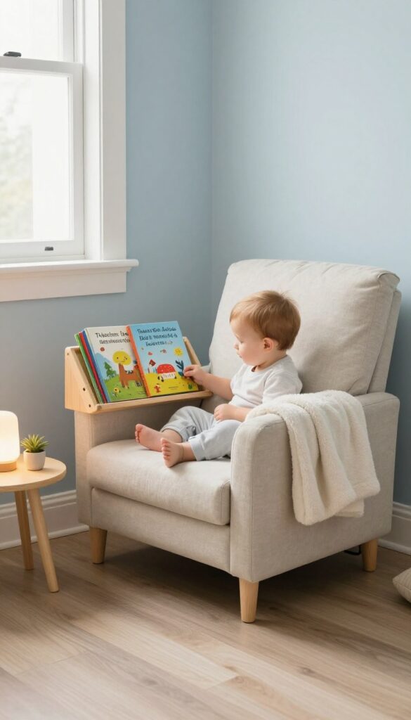 Cozy reading nook corner in a baby boy's bedroom with a glider armchair, floating bookshelf displaying picture books, side table with warm lamp, and soft floor cushion in bright natural light