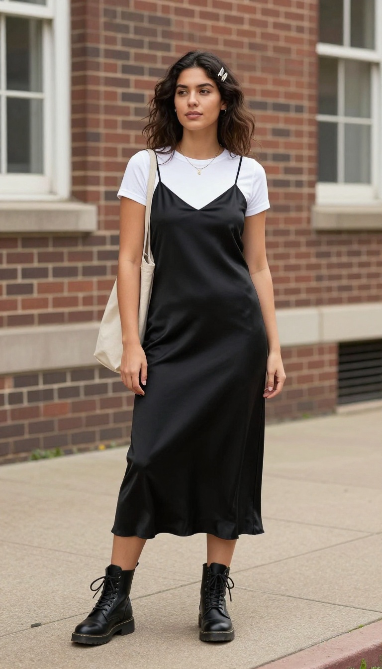 8. Slip Dress + Graphic Tee + Combat Boots