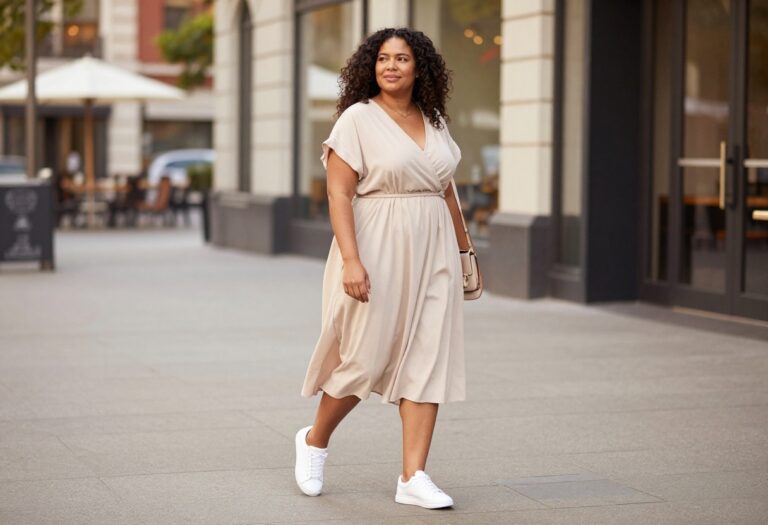 Plus-size woman wearing a flowy wrap dress and white sneakers for a casual date night, standing on a sunlit city sidewalk