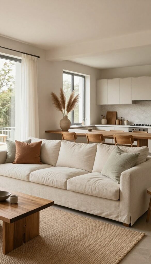 Bright open concept living room, dining area, and kitchen sharing a cohesive warm neutral color palette with cream, beige, and terracotta accents in a photorealistic interior photograph.