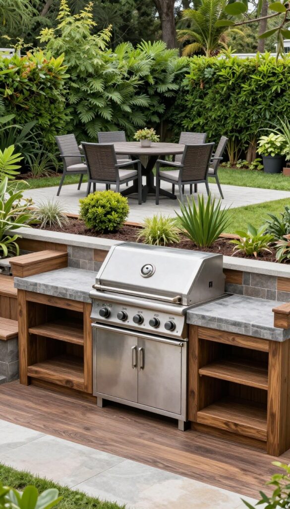 Multi-level backyard deck with a dedicated outdoor cooking station featuring a stainless steel grill, prep counter, and storage cabinets on a lower paver level beside the dining area.