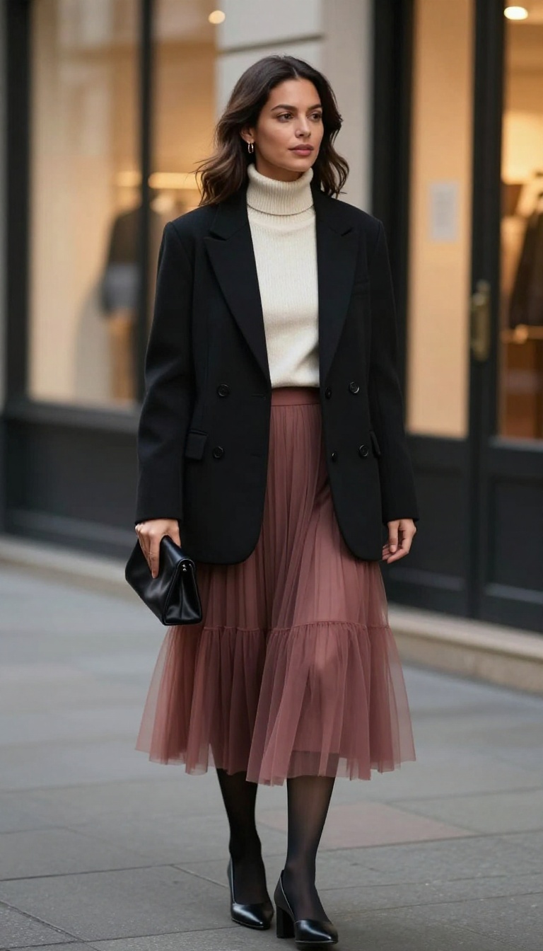 5. Tulle Skirt with Block Heels and a Cropped Blazer