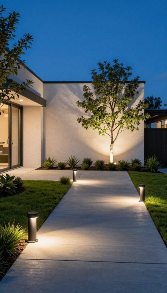 Modern front yard at dusk with layered outdoor lighting, including warm pathway lights along a walkway and uplights highlighting plants and a wall.