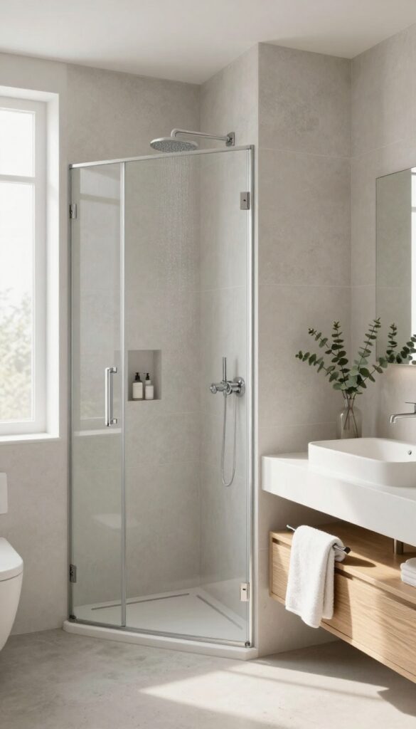 Bright open walk-in shower with no door, separated by a half-height tiled partial wall divider, with a rainfall shower head and natural light in a modern bathroom.