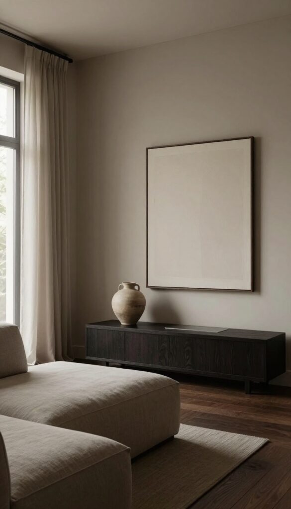 Moody minimalist living room with dark walls, a single large vase on a console, and intentional empty space bathed in bright natural light