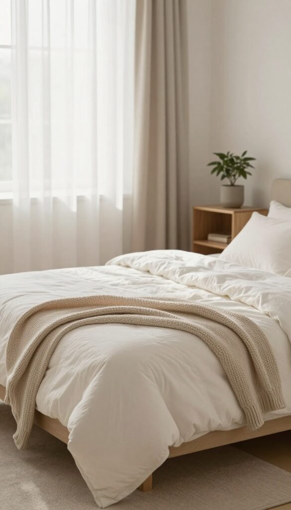 Cozy modern single bed styled with layered bedding including white sheets, quilted coverlet, thick duvet, and a chunky knit throw in neutral tones under bright natural light