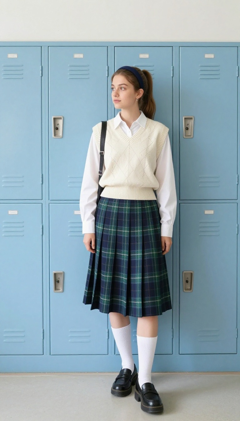 13. Pleated Skirt + Sweater Vest + Knee Socks