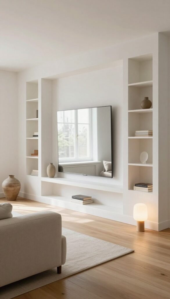 Bright living room built-in shelves with mirrored backing reflecting natural light and simple neutral decor.