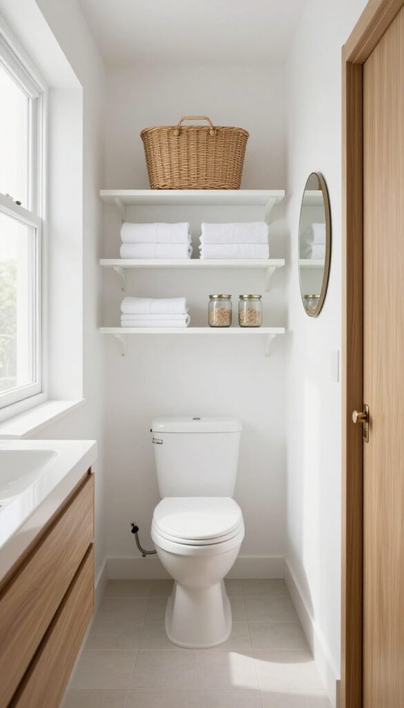 Bright small hallway bathroom with floating wall-mounted shelves and a shallow wall cabinet above the toilet, keeping the floor clear and open.