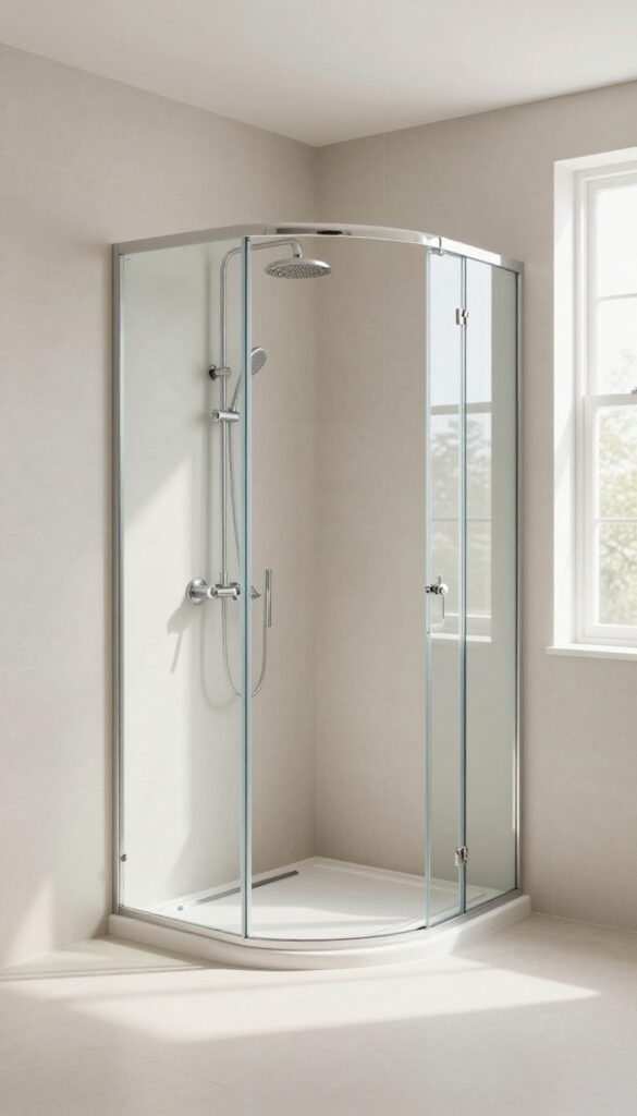 Bright bathroom with a curved glass corner stand-up shower in light neutral tiles and open floor space