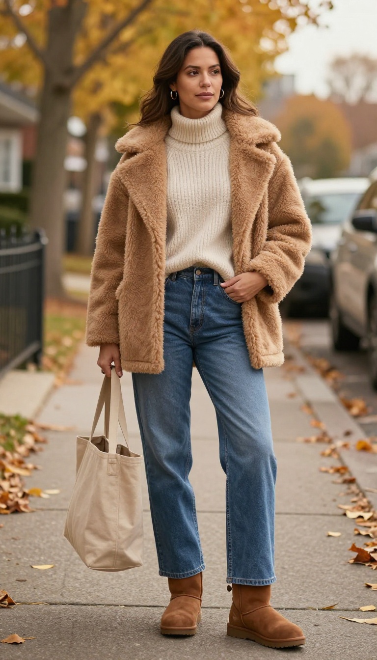 12. Baggy Jeans with a Chunky Knit Sweater and Shearling Coat