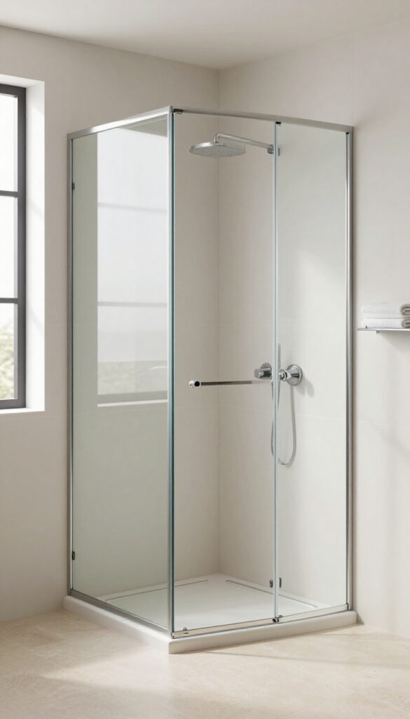 Modern corner shower cubicle with clear glass in a small bright bathroom with light tiles and open floor space