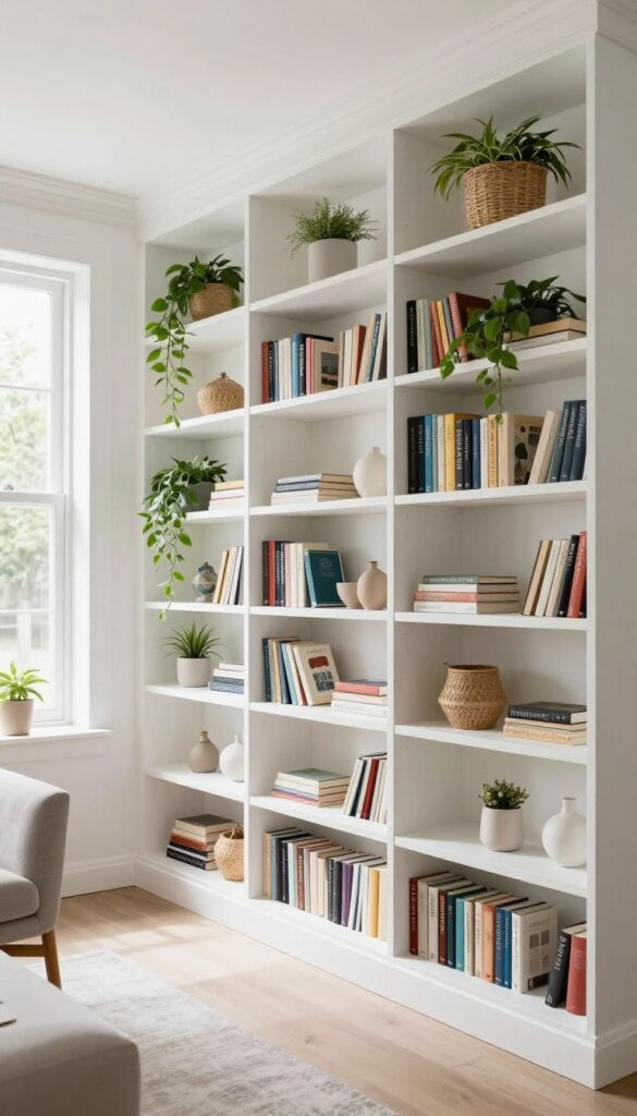 Bright living room alcove with floor-to-ceiling built-in display shelves styled with books, baskets, plants, and decor in a clean, airy space.