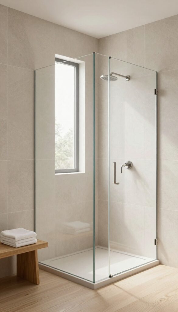 Bright open walk-in shower with floor-to-ceiling light neutral tile for a seamless, airy no-door look