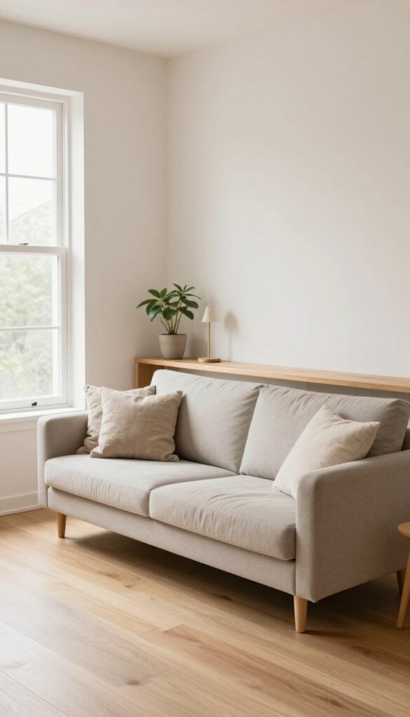 A light neutral sofa with exposed legs floated slightly away from the wall in a small bright living room, with a narrow console table and lamp behind it and a clear walkway on one side.