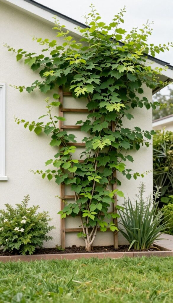 Wooden trellis with climbing green vines and flowers against a house wall in a bright front yard, adding vertical greenery to a small garden space