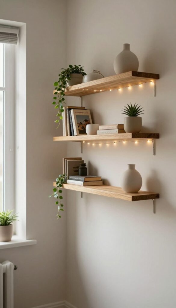 Floating wooden shelves in a bright bedroom, backlit by thin copper-wire fairy lights tucked along the shelf edges, with simple books, a plant, and a vase softly glowing against a neutral wall.
