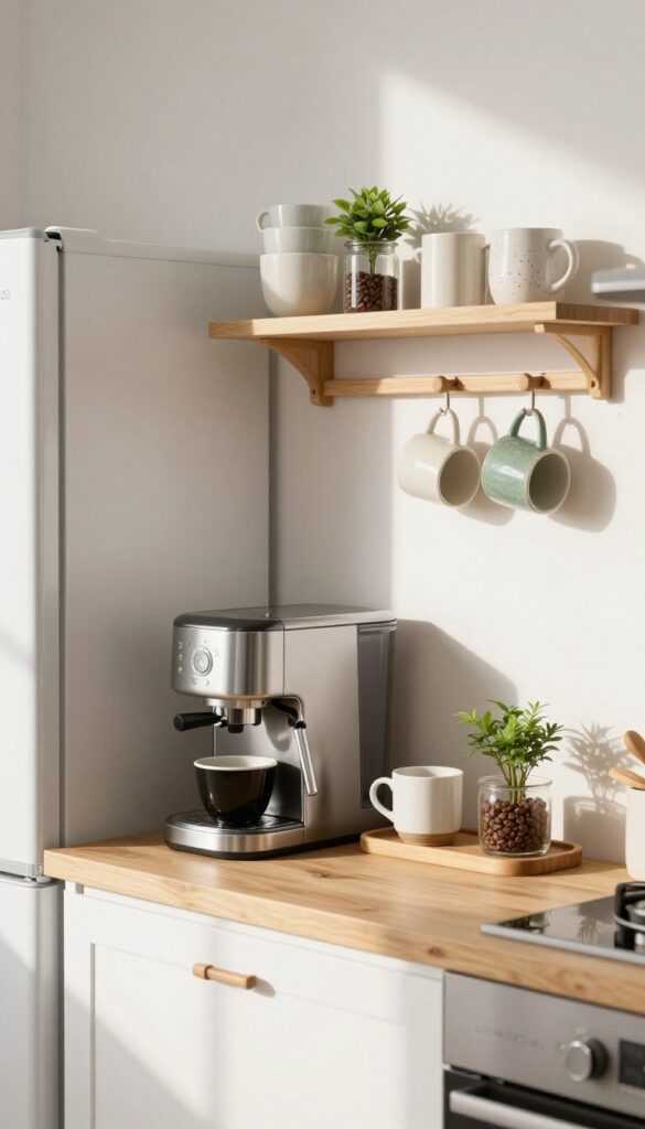 Cozy kitchen coffee bar setup on a blank wall with floating shelves, hanging mugs, and a coffee maker in bright natural light