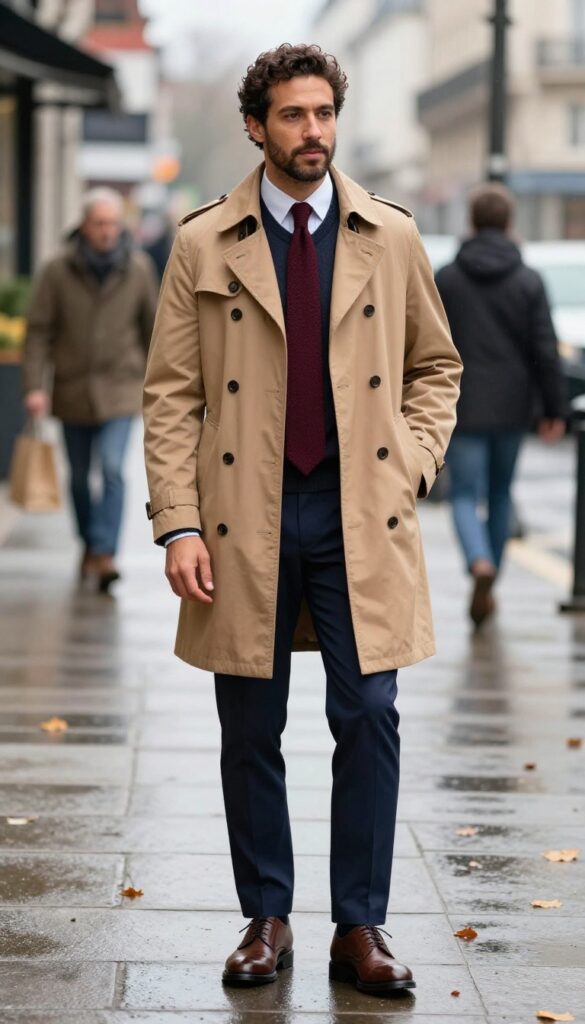 Man in camel trench coat, knit tie, and oxford shoes on a city street