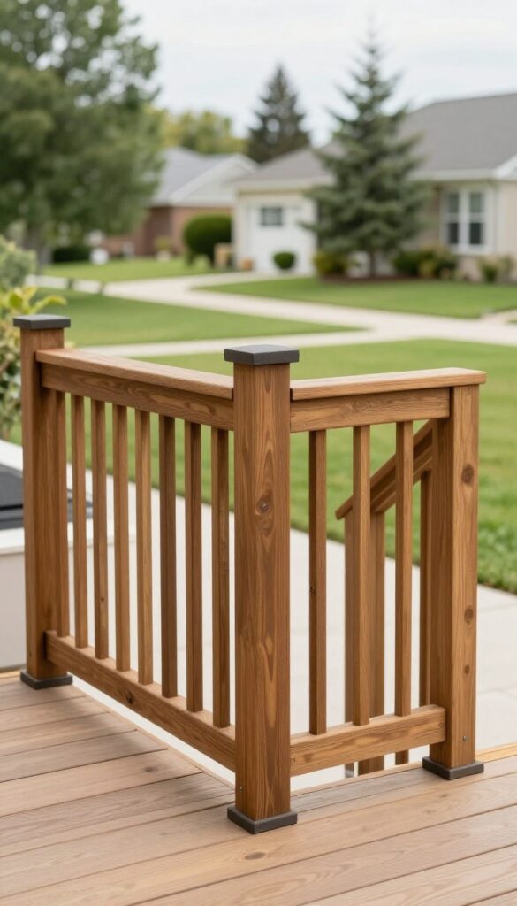 Modern deck with horizontal wooden slat railings in a suburban backyard, stained darker than the deck floorboards, offering privacy and airflow in bright natural light