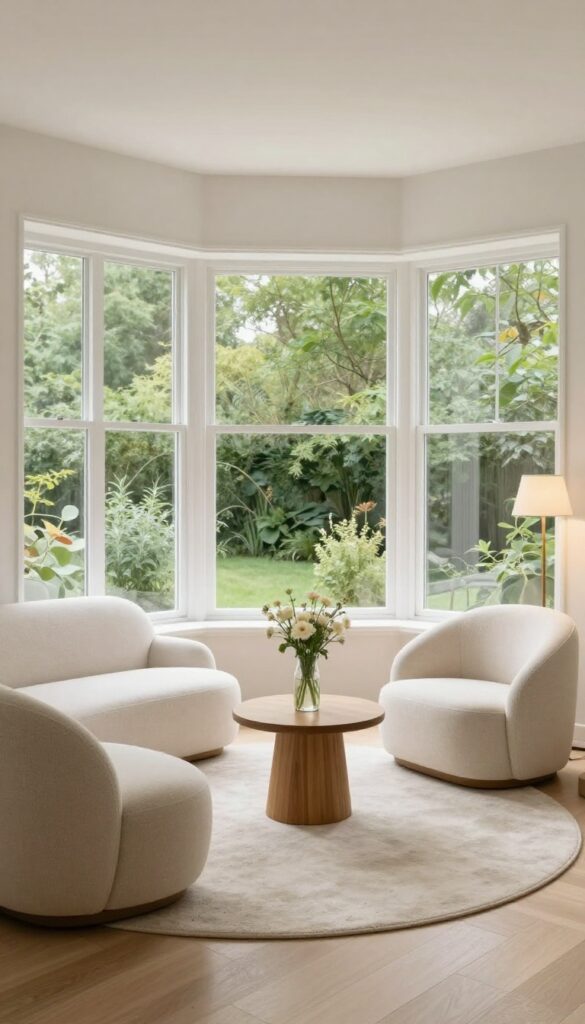 Bright bedroom bay window arranged as a small lounge with a rounded loveseat, two curved accent chairs, a round side table, an area rug, and a floor lamp in natural daylight.