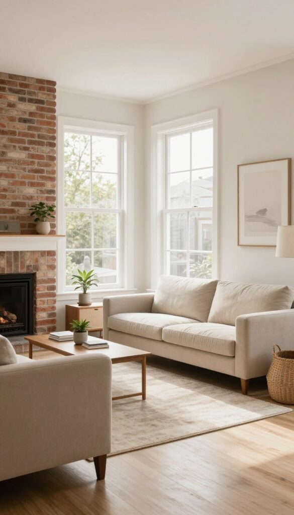 Small bright living room with a light sofa floated away from the wall and angled toward a brick fireplace, anchored by a neutral rug and slim console table behind it.